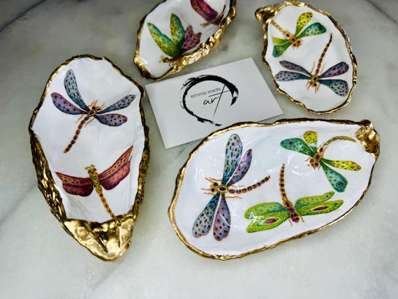 Handmade Dragonfly Oyster Shell Trinket Dish, Gold Leaf Jewellery Holder, Coastal Ring Dish, Nature Inspired Gift