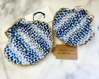 Emma Bridgewater Blue Dot Scallop Dish | Hand Gilded Blue White Trinket Tray | Coastal Shell Jewellery Holder