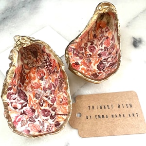 Pink and Orange Flowers Dorset Oyster Shell Trinket Dish. Jewellery Dish. Hand painted with liquid Gold Leaf and sealed with epoxy resin.
