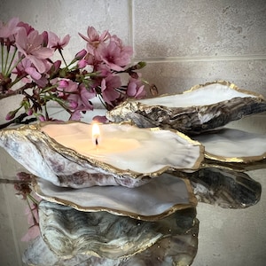 A pair of hand poured oyster candles. Bathroom decor. Shell decor. Original gift for her. Oyster candles, a unique gift for a nature lover.