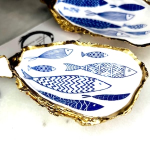 Blue Fish Gift, Trinket Oyster Shell dish gold finish, gold leaf trinket tray, shell oyster dish, personalised oyster shell trinket, decorative oyster shells, Fish Design key bowl, blue and gold dishes, fish ring dish, golden trinket dish, bride shell dish, shell jewellery bowl, decoupaged earrings dish, shell art trinket, art dish, Gold shell trinket holder, painted shell with gold, shell jewellery dish, Emma Wade art, Proposal Ring Tray, Painted Key Bowl, Bride shell Dish