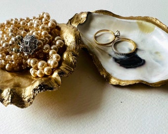 Dorset Oyster Shell Jewelry Dish Set: Pearl Finish Ring Holder, Coastal Gift Idea, Proposal Gift, Gilded Gold Leaf dish