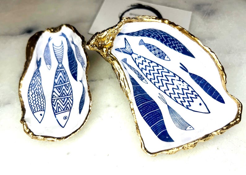 Blue Fish Gift, Trinket Oyster Shell dish gold finish, gold leaf trinket tray, shell oyster dish, personalised oyster shell trinket, decorative oyster shells, Fish Design key bowl, blue and gold dishes, fish ring dish, golden trinket dish, bride shell dish, shell jewellery bowl, decoupaged earrings dish, shell art trinket, art dish, Gold shell trinket holder, painted shell with gold, shell jewellery dish, Emma Wade art, Proposal Ring Tray, Painted Key Bowl, Bride shell Dish