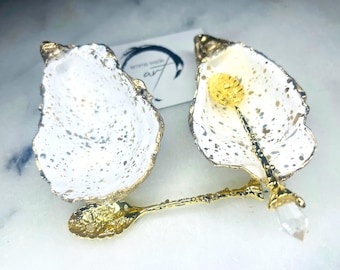Pair of UK Oyster Gold and Silver Leaf Speckled Oyster Salt and Pepper Dishes: Coastal Decor, Coastal Tableware, add on gold spoons
