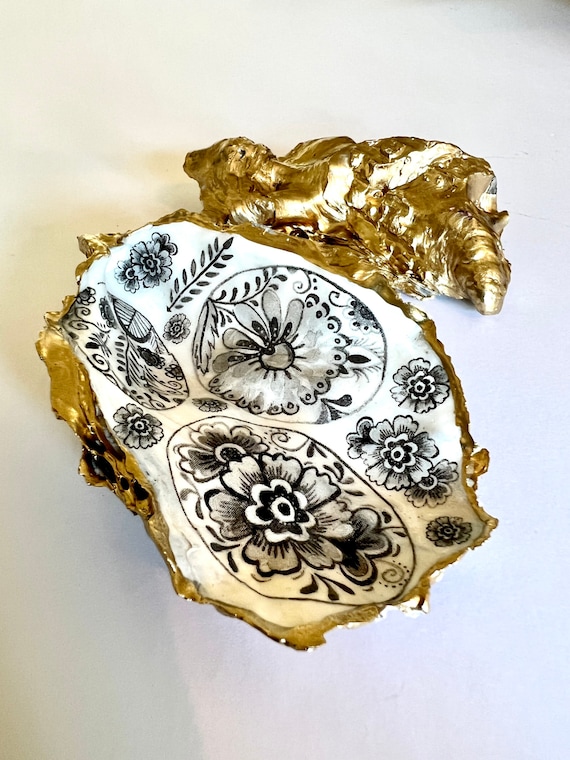 ヴィンテージ 貝殻 小物入れ 花器 置物 ゴールド ヴィンテージ風卵型牡蠣小物入れ、花柄貝殻リングホルダー、希望の