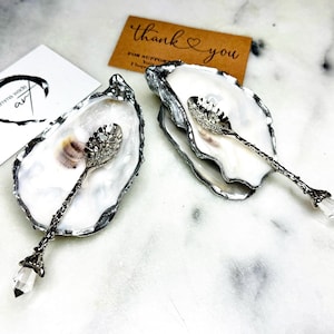 Pearl Oyster Shell Salt Cellar Set | Gilded Silver Leaf Shell Cruet Set, add on spoons, Host Gift. Wedding Table Decor