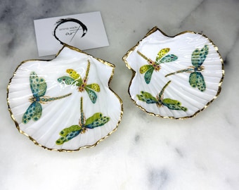 Dragonfly Scallop Shell Trinket Jewelry Dish: Hand Gilded Gold Leaf Shell Ring Holder, Coastal Gift