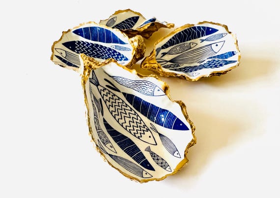 Hand-Gilded Blue Fish Oyster Shell Trinket Dish – Dorset Gold Leaf Ring Holder, Coastal Home Decor, Nautical Gift