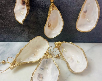 A Narural Pearl Finish Dorset Oyster Shell with 2 Pearls & Liquid Gold Leaf. Hanging Decoration. Pearl Anniversary. Gift for Her.