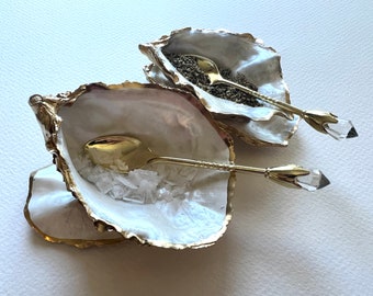 Two Sustainable Gold Leaf Natural Pearl Finish Dorset Oyster Shell Salt & Pepper pinch pots with two matching Gold Crystal Spoons