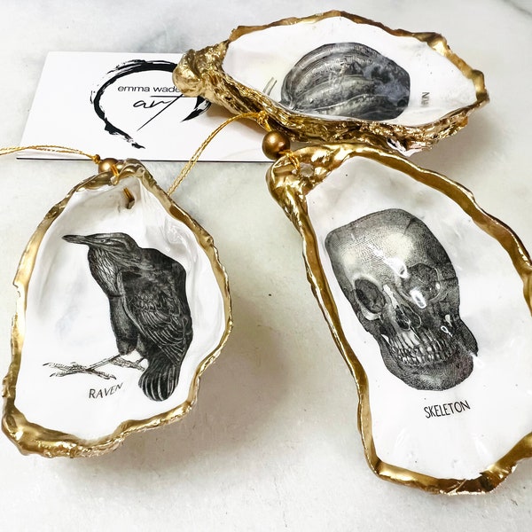 Skull, Pumpkin and Raven shells. Hanging Gothic Ornaments. Candy Dishes. Trinket Dishes. Hand Crafted with liquid gold leaf.