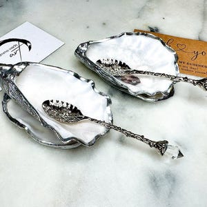 Pearl Oyster Shell Salt Cellar Set | Gilded Silver Leaf Shell Cruet Set, add on spoons, Host Gift. Wedding Table Decor