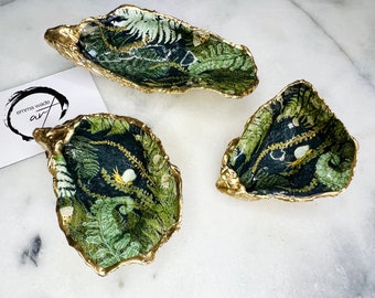 Forest Ferns Dorset Oyster Shell Dish Ornament. Jewellery Dish. Hand Painted with real liquid Gold Leaf and sealed with resin.