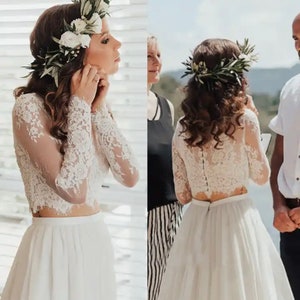 Two Piece Wedding Dress, Bridal Lace Top, White Separates, Boho