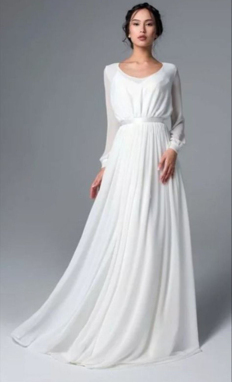 White Chiffon Long Dress 2026.Jade' Stunning Simple White Chiffon Wedding Dress, Bohemian Princess ...