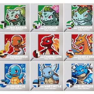 Generation 1 Starters / Pokemon Pixel Art Portraits 10x10" / Pixel Puzzle / Wall Portrait Decor / Gifts / Presents / 1024+ Bricks Package
