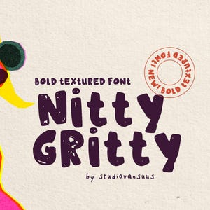 May include: A digital graphic featuring a bright pink dog with yellow ears wearing dark sunglasses. The text reads BOLD TEXTURED FONT, Nitty Gritty, by studiovansuus, and a circular stamp that says NEW! BOLD TEXTURED FONT.