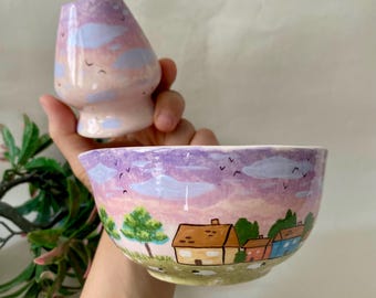Handmade Ceramic Matcha Set, Unique Gift, Matcha Bowl, Whisk Holder, Hand Painted Matcha Bowl, Village Bowl, Sheep, Sunset Sky