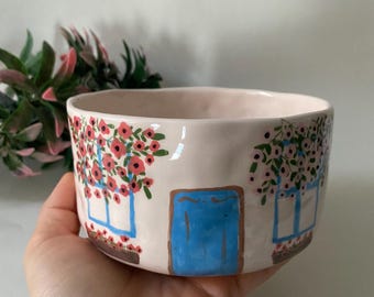 Handmade Ceramic Aegean Bowl, Unique Gift, Home İllustration Bowl, Holiday, Hand Painted Bowl, Buddha Bowl, Breakfast Bowl, Soup Bowl