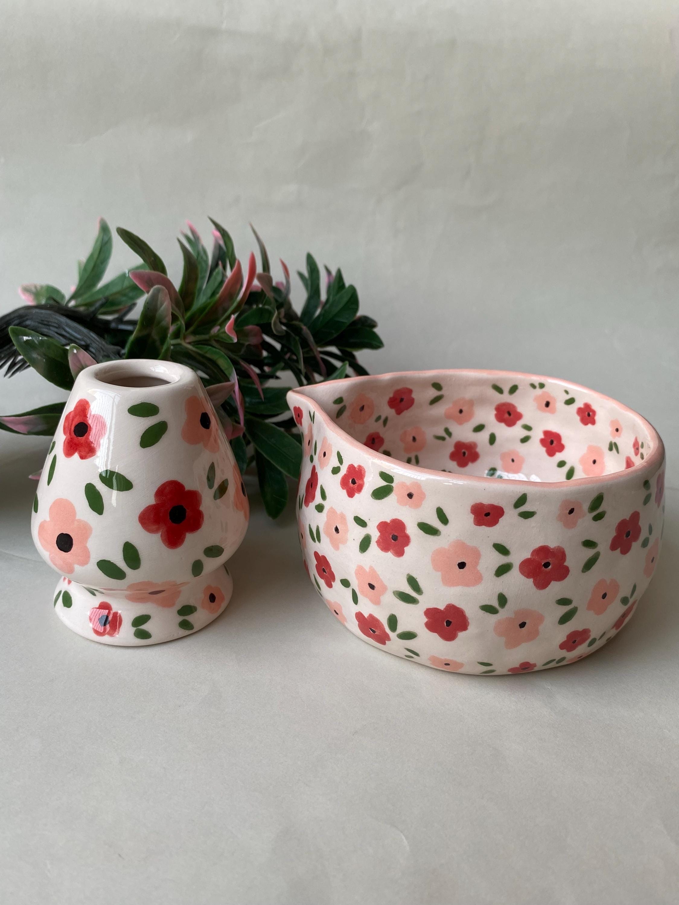 Handmade Ceramic Matcha Set, Unique Gift, Floral Matcha Bowl, Holiday, Red Flower, Orange Flower Bowl, Hand Painted Matcha Bowl