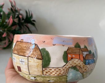 Handmade Ceramic Bowl, Unique Gift, Home İllustration Bowl, Holiday, Hand Painted Bowl, Buddha Bowl, Chili Bowl, Soup Bowl