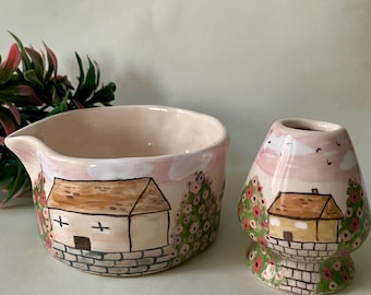 Handmade Ceramic Matcha Set, Unique Gift, Home Matcha Bowl, Holiday, Illustration, Hand Painted Matcha Bowl, Whisk Holder