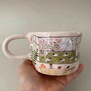 Handmade Ceramic Coffee Mug: Hand-Painted Sheep & Floral Design
