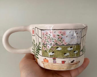 Handmade Ceramic Coffee Mug: Hand-Painted Sheep & Floral Design