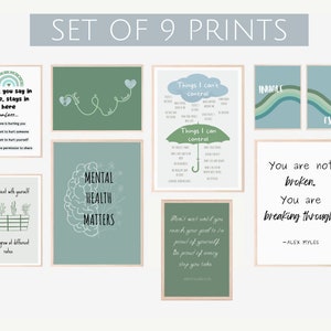 Set of 9 Counseling Posters (Green-Blue Version),  Therapy Gallery Wall Set, School Psychologist Wall Art, Therapist Office Decor