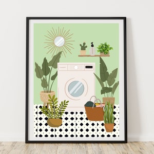 Botanical Laundry Print, Boho Laundry Wall Art, Tiled Floor Bathroom Plants Print, Green Laundry Room Decor, Houseplants Art Print