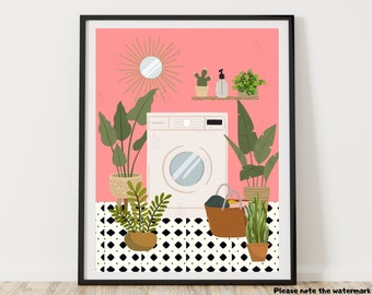 Pink Botanical Laundry Print, Boho Laundry Wall Art  Tiled Floor Bathroom Plants Print, Pink Laundry Room Decor, Houseplants Art Print