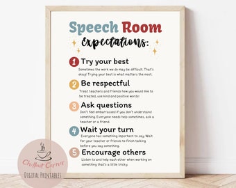 Speech Room Expectations,  SLP Poster, Speech classroom rules,  Speech therapy Printables, Speech Room Art, Classroom Decor Instant Download