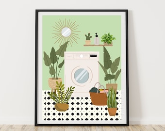 Botanical Laundry Print, Boho Laundry Wall Art, Tiled Floor Bathroom Plants Print, Green Laundry Room Decor, Houseplants Art Print