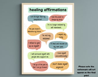 Healing Affirmations for Addiction Recovery Wall Print, Sobriety Gifts, Positive Thoughts, Mindfulness Practice, Mental Health Print