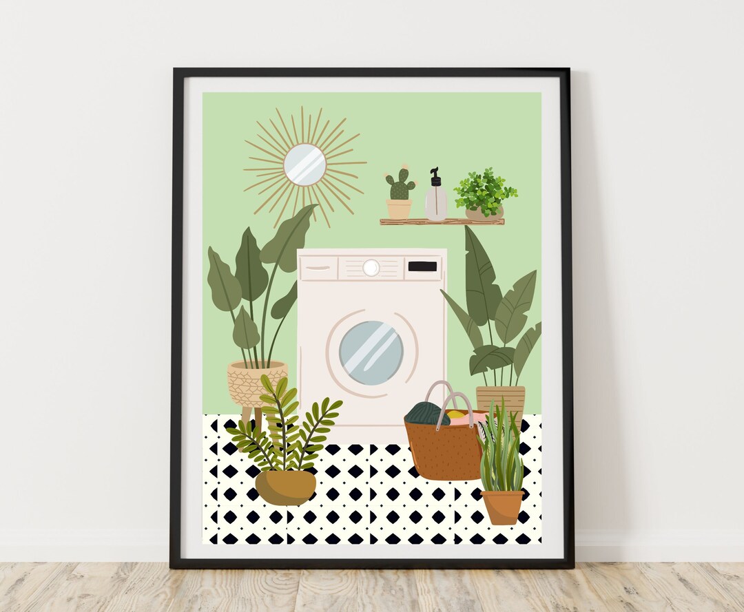 Botanical Laundry Print, Boho Laundry Wall Art, Tiled Floor Bathroom ...