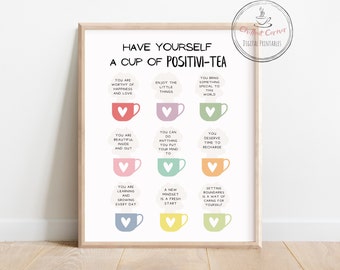 POSITIVI-TEA, Self Affirmation Digital Print, Positive Self-talk, Mental Health Poster, Self-Care Reminder Therapist Office Art