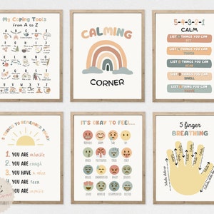 Conjunto de 6 carteles de esquina calmantes boho suaves, técnicas de afrontamiento, arte de pared para niños, habilidades para calmarse, gestión del aula, descarga instantánea