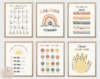 Set of 6 Soft Boho Calming Corner Posters, Coping Techniques Wall Art for Kids, Calm Down Skills, Classroom Management, Instant Download
