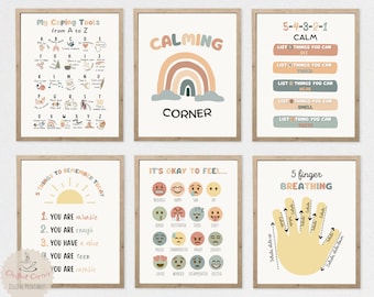 Set of 6 Soft Boho Calming Corner Posters, Coping Techniques Wall Art for Kids, Calm Down Skills, Classroom Management, Instant Download