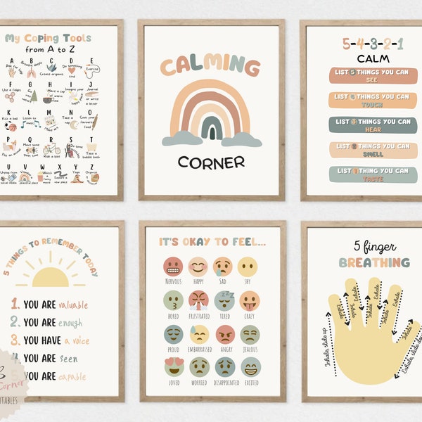 Set of 6 Soft Boho Calming Corner Posters, Coping Techniques Wall Art for Kids, Calm Down Skills, Classroom Management, Instant Download