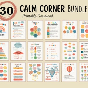Set of 30 Calming Corner Posters,Coping Techniques Wall Art for Kids, Calm Down Skills, Classroom Management Printable, Instant Download