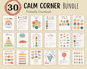 Set of 30 Calming Corner Posters,Coping Techniques Wall Art for Kids, Calm Down Skills, Classroom Management Printable, Instant Download