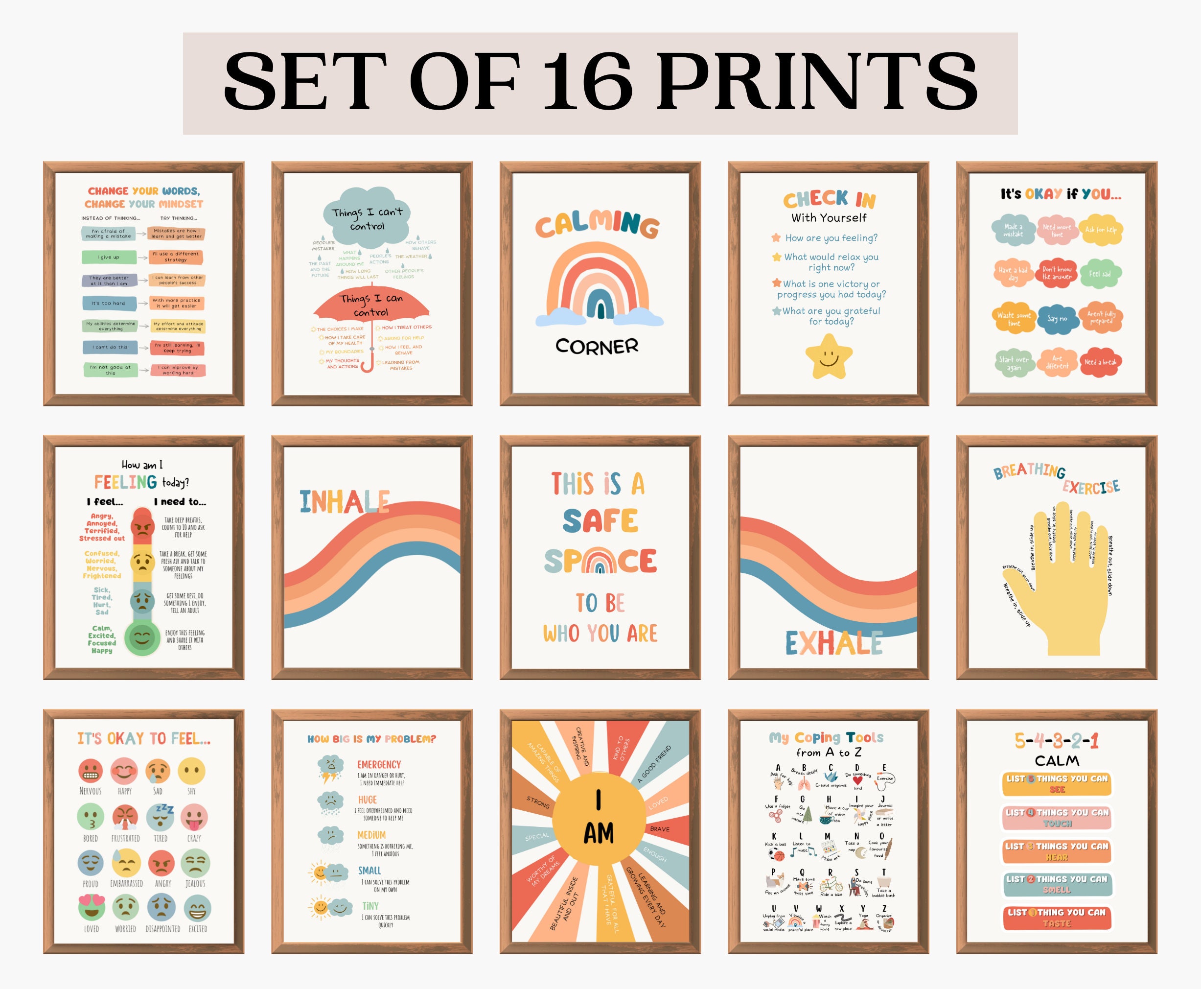 Set of 16 Calming Corner Posters, Coping Techniques Wall Art for Kids, Calm Down Skills, Classroom Management Printable, Instant Download