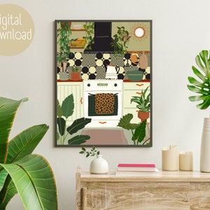 May include: A digital illustration of a kitchen with white cabinets, a white oven, and a black range hood. The kitchen has a green and black tiled backsplash with a circular pattern. There are plants in pots on the counter and hanging from the ceiling. The oven has a leopard print tea towel on the door.