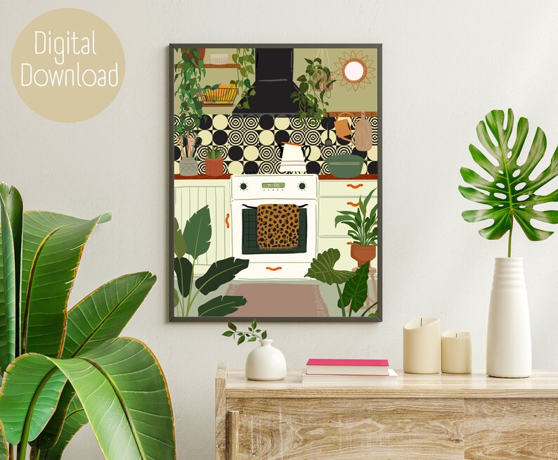 May include: A digital illustration of a kitchen with white cabinets, a white oven, and a black range hood. The kitchen has a green and black tiled backsplash with a circular pattern. There are plants in pots on the counter and hanging from the ceiling. The oven has a leopard print tea towel on the door.