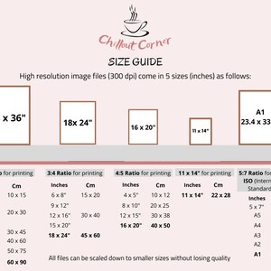 May include: A size guide for high-resolution image files, showing five different sizes in inches and centimetres. The sizes are 24 x 36 inches, 18 x 24 inches, 16 x 20 inches, 11 x 14 inches, and A1 (23.4 x 33.1 inches). The guide also includes the aspect ratio for each size.