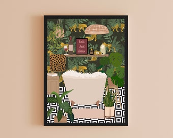 Jungle Bathroom Art Print, Tropical Botanical Bath House Plants Wall Decor, Boho Bathroom, Geometric Tiled Bathroom Print, Bubble Bath