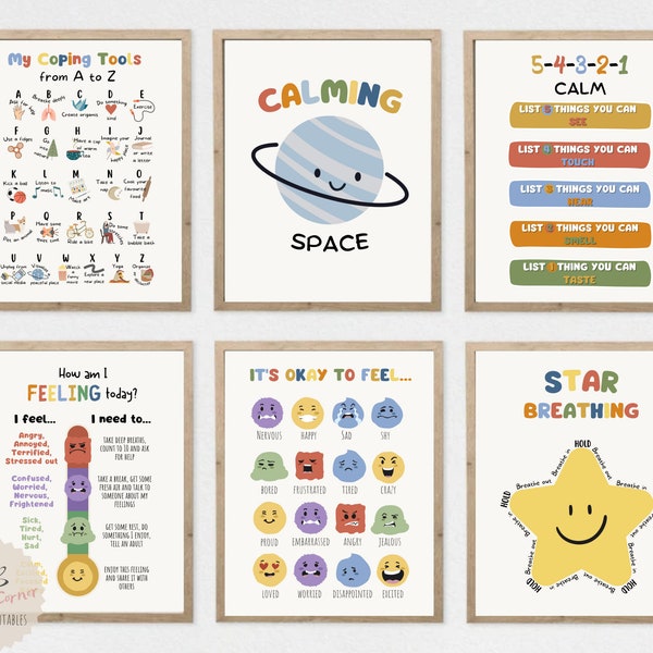 Set of 6 Calming Space Posters, Coping Techniques Wall Art for Kids, Calm Down Skills, Classroom Management Printable, Instant Download