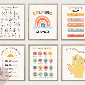 Set of 6 Calming Corner Posters, Coping Techniques Wall Art for Kids, Calm Down Skills, Classroom Management Printable, Instant Download
