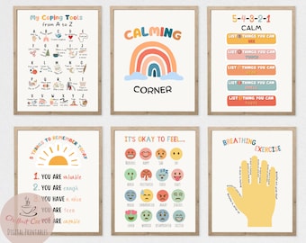Set of 6 Calming Corner Posters, Coping Techniques Wall Art for Kids, Calm Down Skills, Classroom Management Printable, Instant Download
